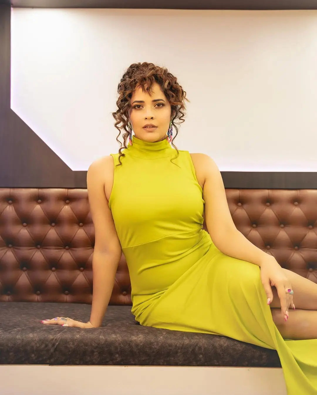 Anasuya Bharadwaj Long Legs Show in Lemon Green Gown